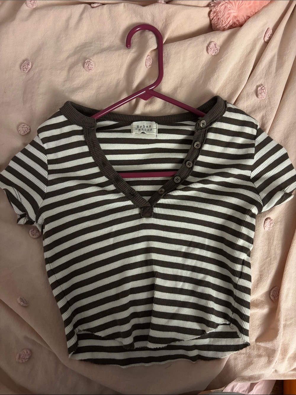 Urban Nation Kids' Brown & Cream Striped Short Sleeve Henley